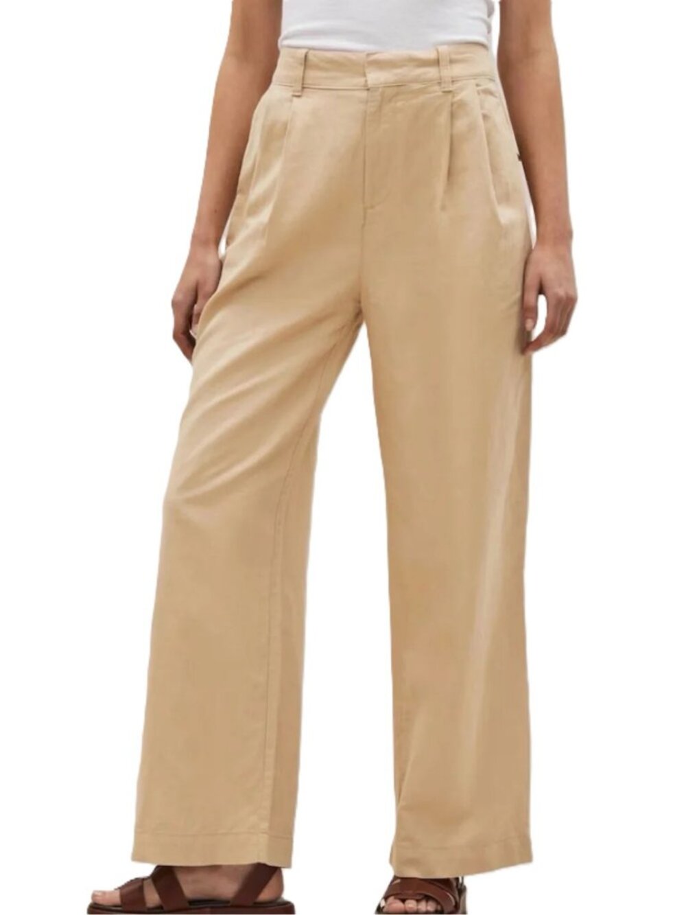 GAP Linen Cotton Wide Leg Trousers Size 6 Tan Pleated High Rise Pants